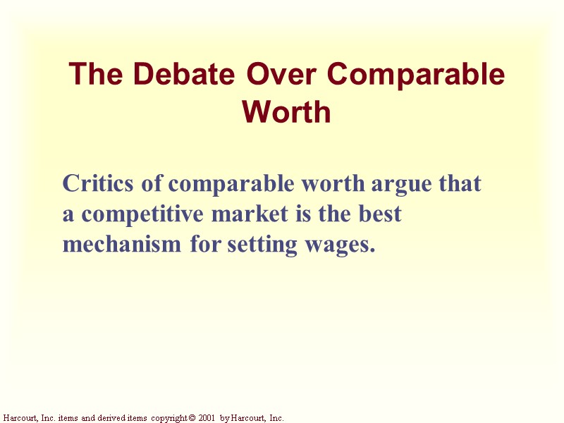 The Debate Over Comparable Worth Critics of comparable worth argue that a competitive market